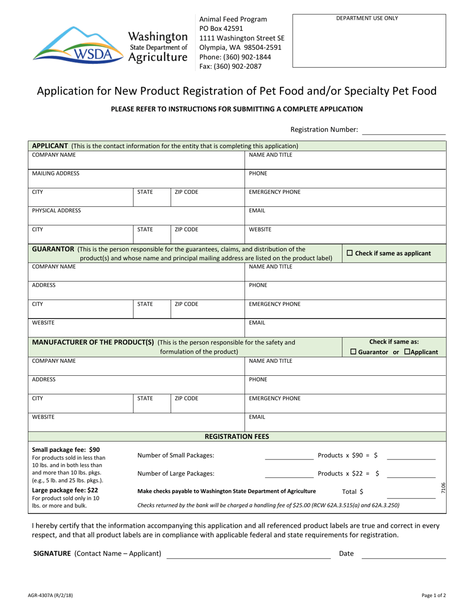 AGR Form 4307A Application for New Product Registration of Pet Food and / or Specialty Pet Food - Washington, Page 3