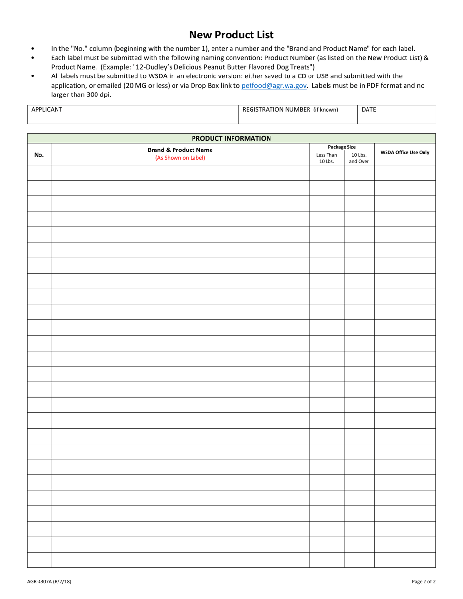 AGR Form 4307A Application for New Product Registration of Pet Food and / or Specialty Pet Food - Washington, Page 4