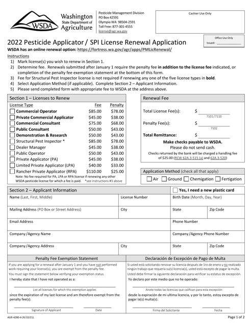 AGR Form 4280-A Pesticide Applicator/Spi License Renewal Application - Washington, 2022