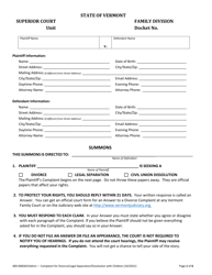 Document preview: Form 400-00836CHILDREN Complaint for Divorce/Legal Separation/Dissolution With Children - Vermont