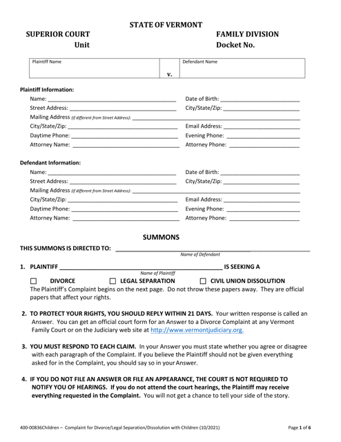 Form 400-00836CHILDREN Complaint for Divorce/Legal Separation/Dissolution With Children - Vermont