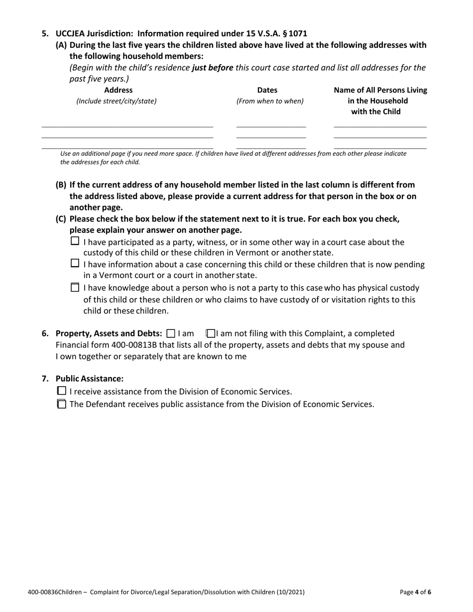 Form 400-00836CHILDREN Complaint for Divorce / Legal Separation / Dissolution With Children - Vermont, Page 4