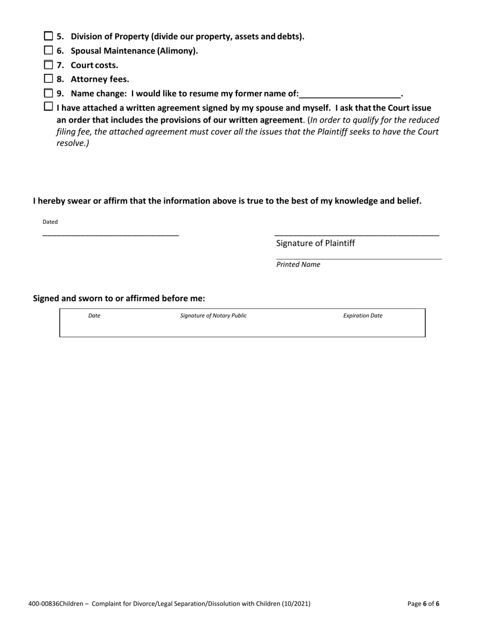 Form 400-00836CHILDREN Complaint for Divorce / Legal Separation / Dissolution With Children - Vermont, Page 6