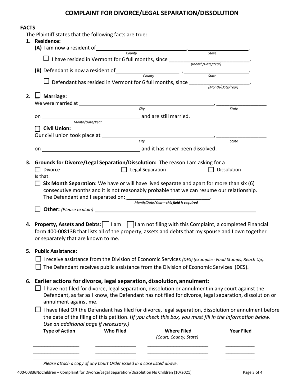 Form 400-00836NOCHILDREN Complaint for Divorce / Legal Separation / Dissolution Without Children - Vermont, Page 3