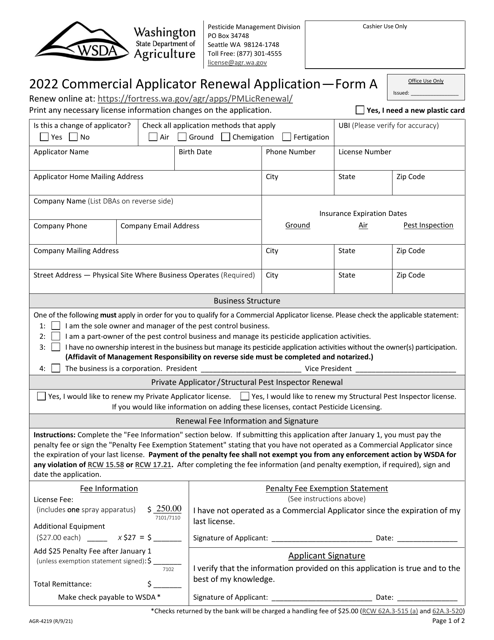 AGR Form 4219 (A) Commercial Applicator Renewal Application - Washington, 2022