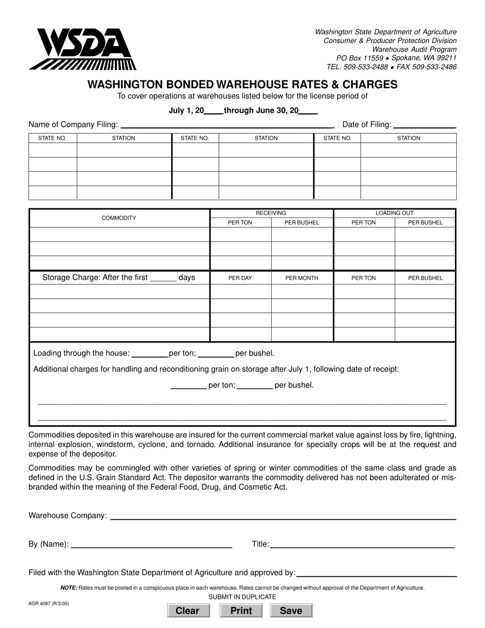 AGR Form 4087 Washington Bonded Warehouse Rates and Charges - Washington, Page 1