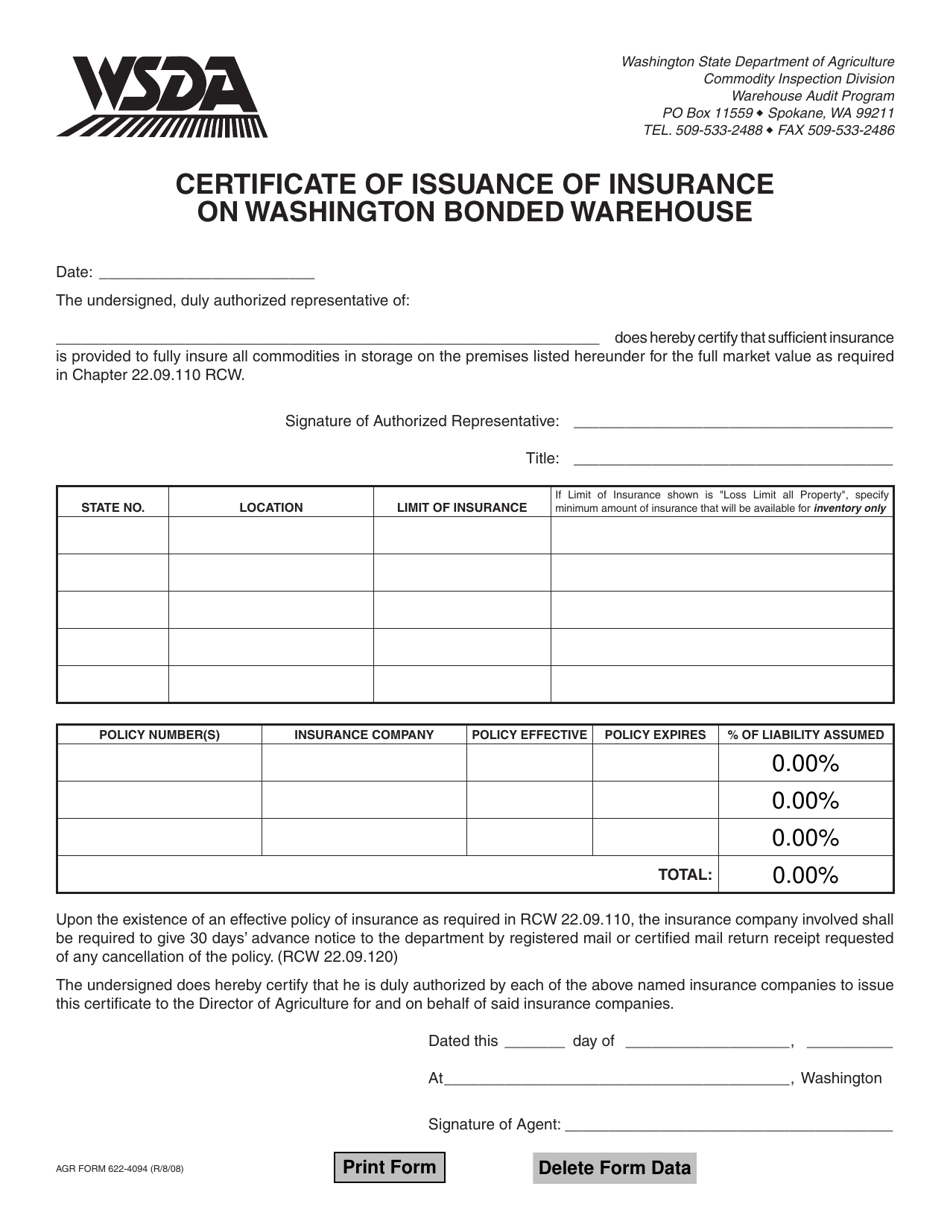 AGR Form 622-4094 Certificate of Issuance of Insurance on Washington Bonded Warehouse - Washington, Page 1