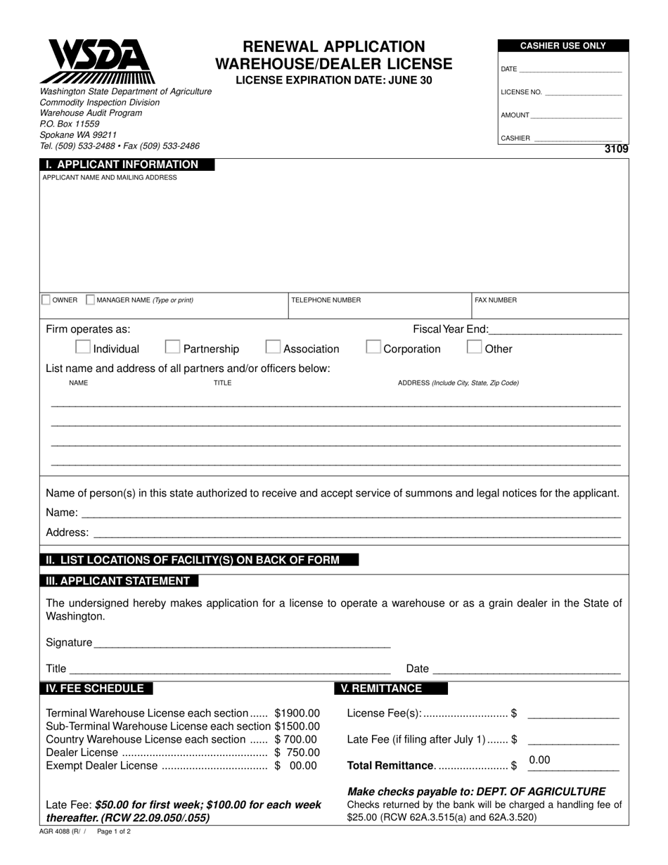 AGR Form 4088 Renewal Application - Warehouse / Dealer License - Washington, Page 1