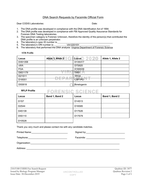 DFS Form 210-F100 Dna Search Requests by Facsimile Official Form - Virginia
