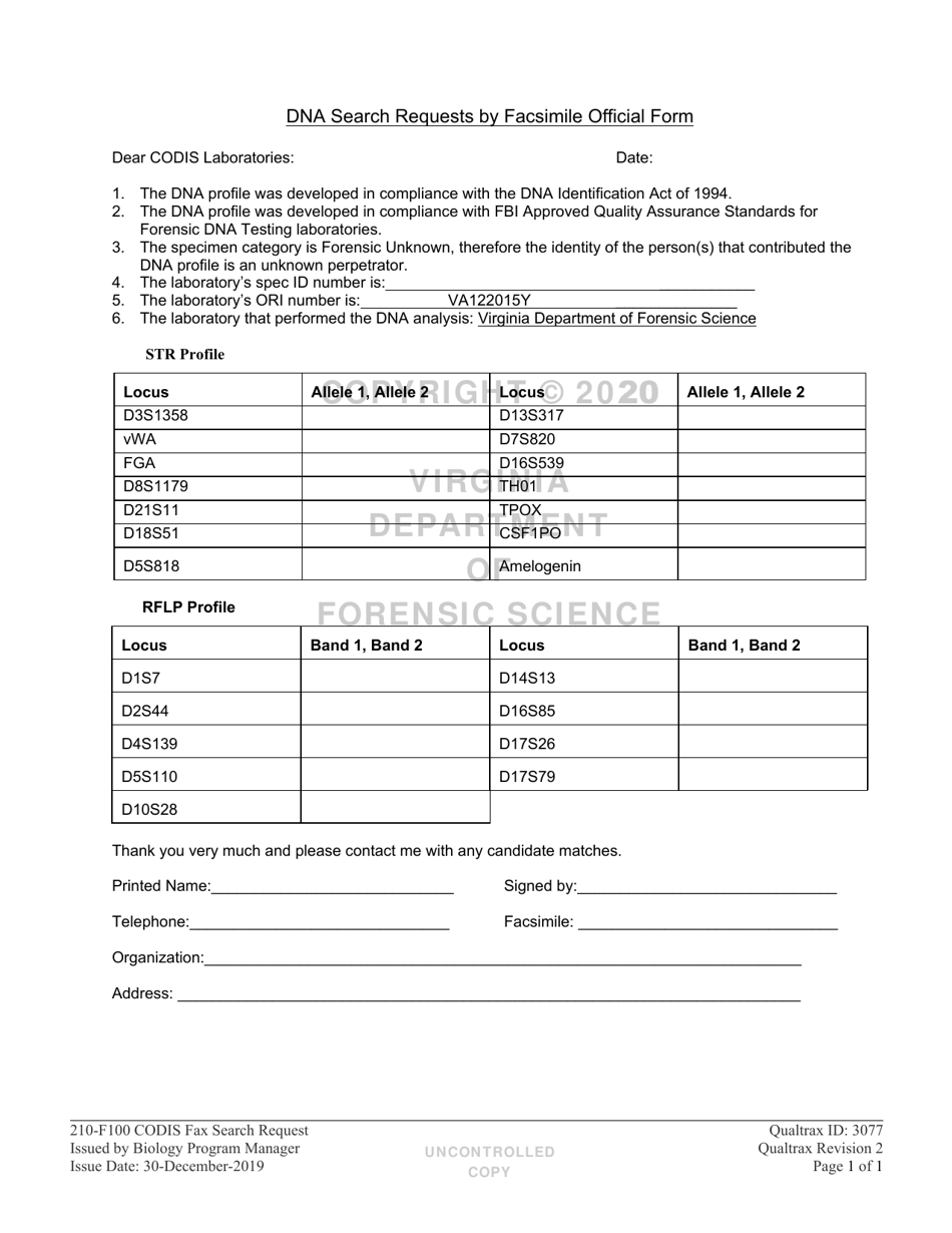 DFS Form 210-F100 Dna Search Requests by Facsimile Official Form - Virginia, Page 1