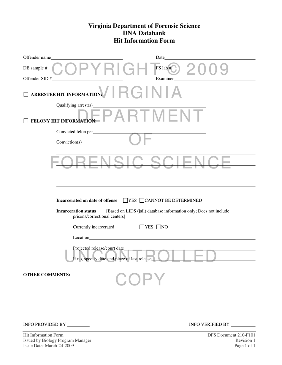 DFS Form 210-F101 Dna Data Bank Hit Information Form - Virginia, Page 1