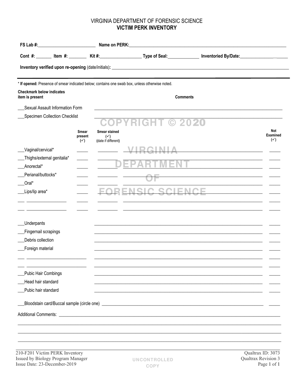 DFS Form 210-F201 Victim Perk Inventory - Virginia, Page 1