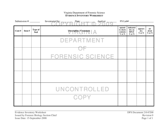 Document preview: DFS Form 210-F200 Evidence Inventory Worksheet - Virginia