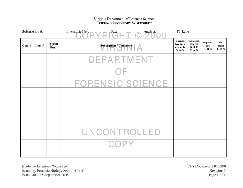 DFS Form 210-F200 Evidence Inventory Worksheet - Virginia