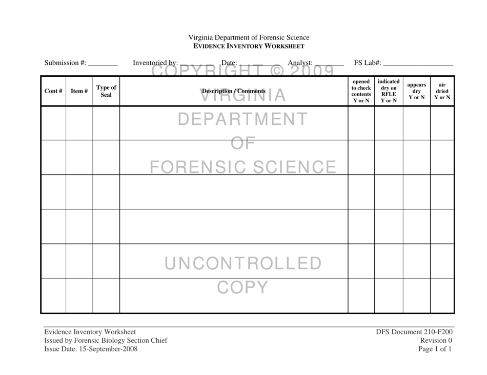 DFS Form 210-F200 Evidence Inventory Worksheet - Virginia, Page 1