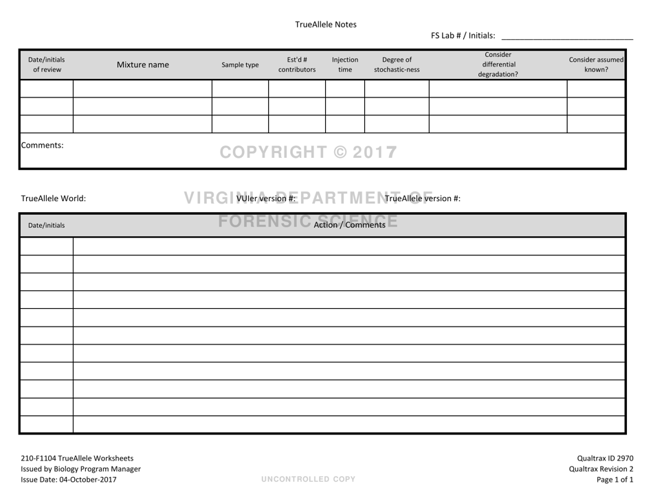DFS Form 210-F1104 Trueallele Worksheets - Virginia, Page 1