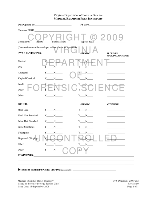 DFS Form 210-F202 Medical Examiner Perk Inventory - Virginia