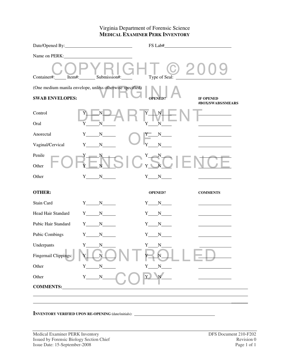 DFS Form 210-F202 Medical Examiner Perk Inventory - Virginia, Page 1