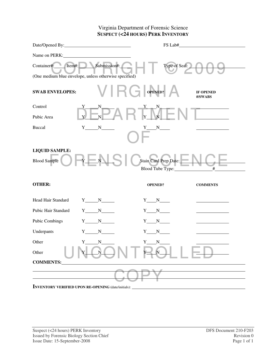 DFS Form 210-F203 Suspect ( 24 Hours) Perk Inventory - Virginia, Page 1