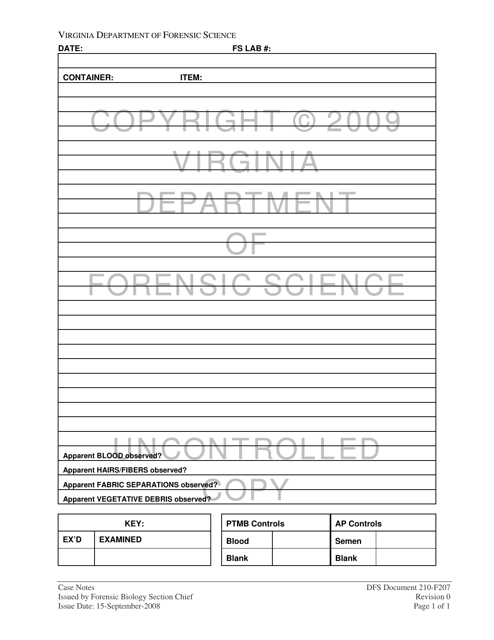 DFS Form 210-F207 Case Notes - Virginia