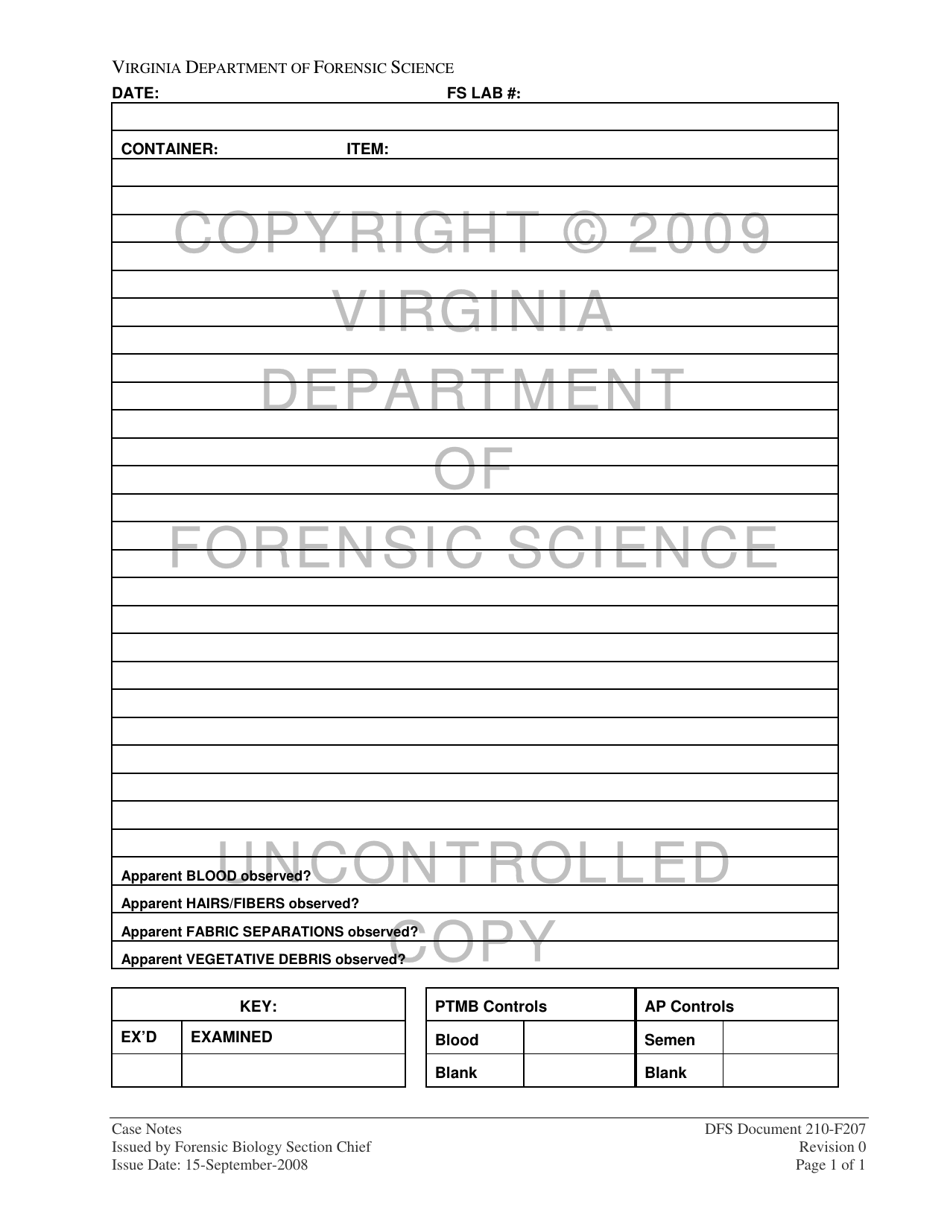DFS Form 210-F207 Case Notes - Virginia, Page 1