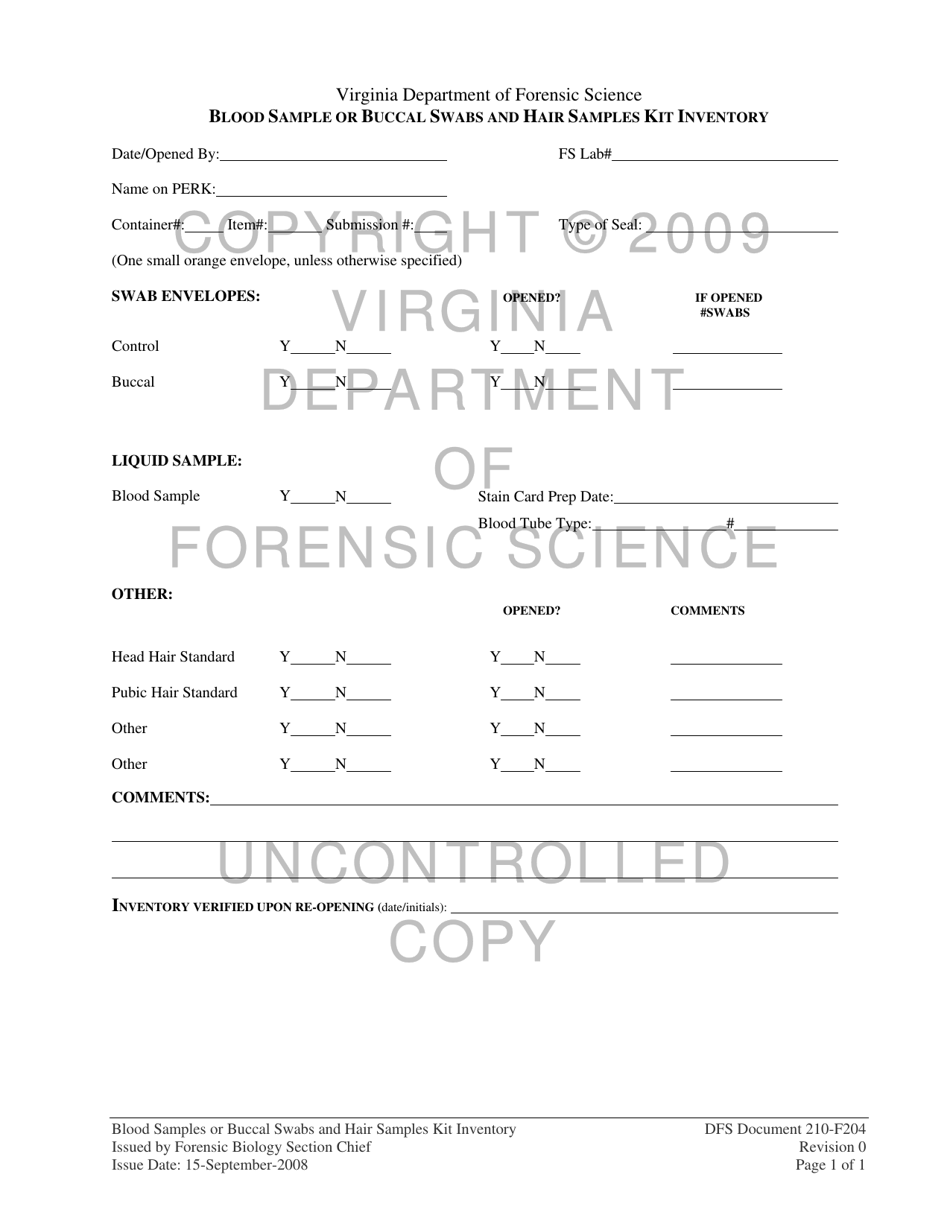 DFS Form 210-F204 Blood Sample or Buccal Swabs and Hair Samples Kit Inventory - Virginia, Page 1
