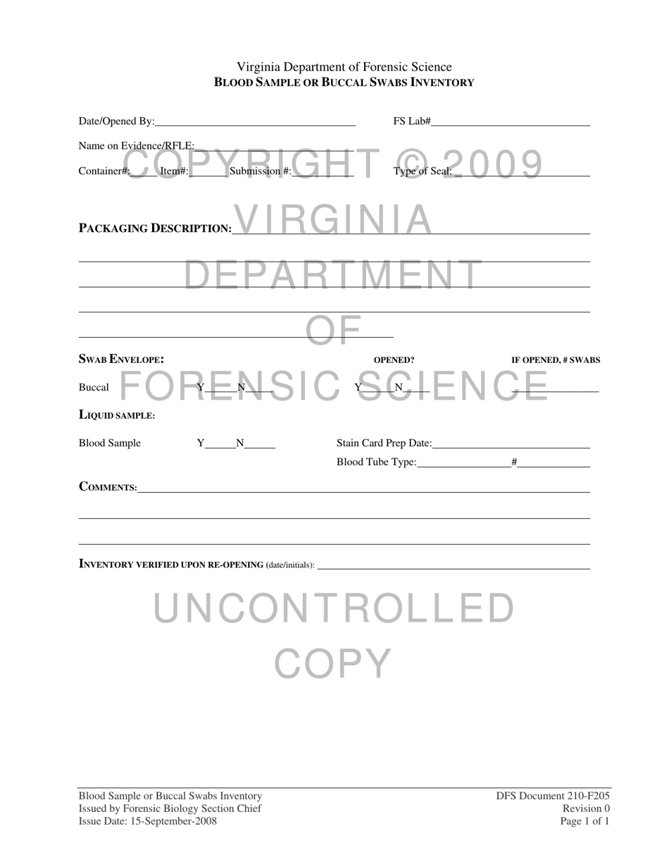 DFS Form 210-F205 Blood Sample or Buccal Swabs Inventory - Virginia, Page 1