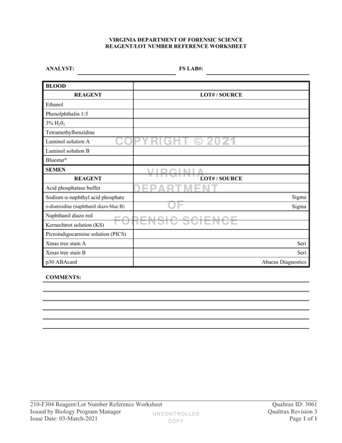 DFS Form 210-F304 Reagent/Lot Number Reference Worksheet - Virginia