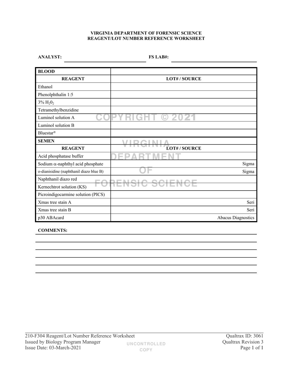DFS Form 210-F304 Reagent / Lot Number Reference Worksheet - Virginia, Page 1