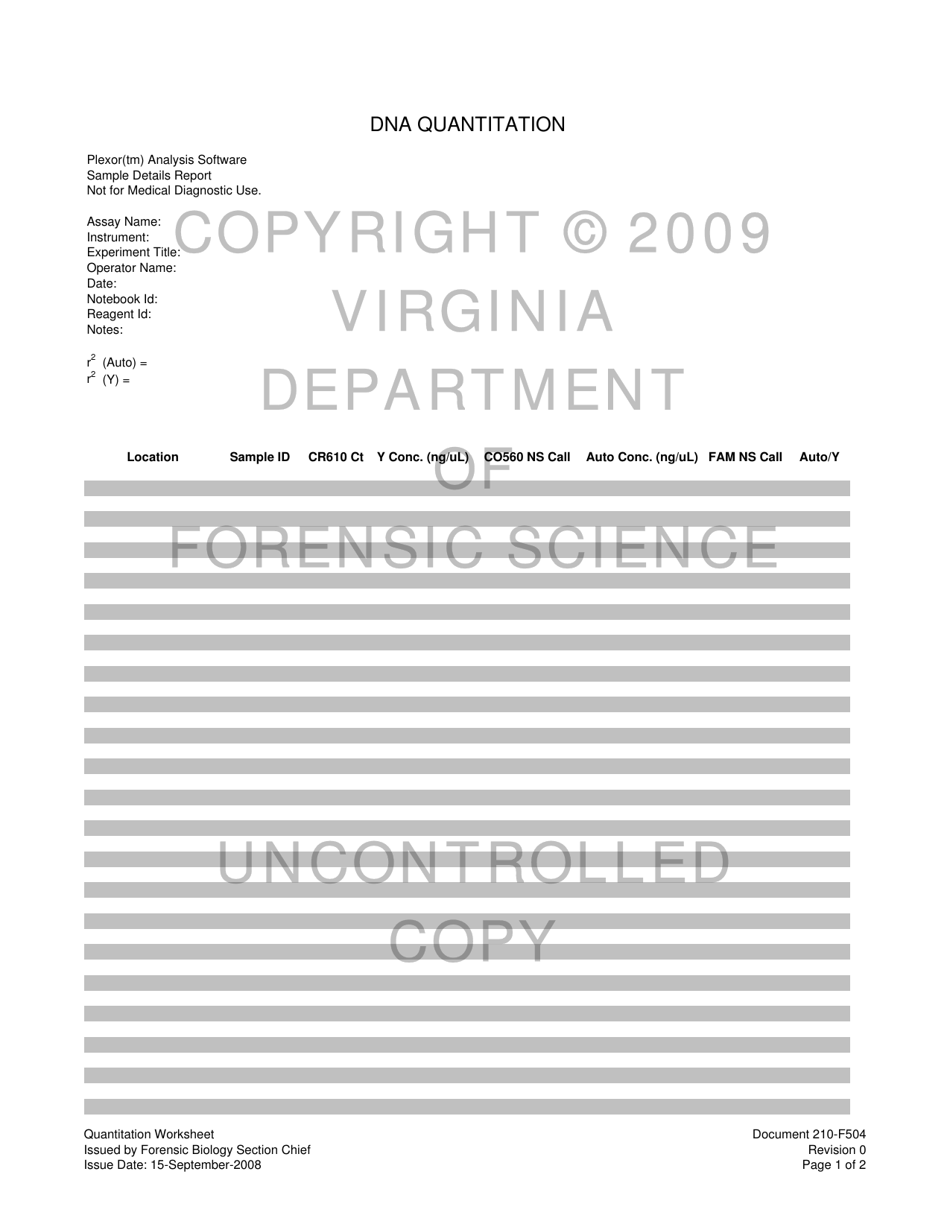 DFS Form 210-F504 Dna Quantitation Worksheet - Virginia, Page 1