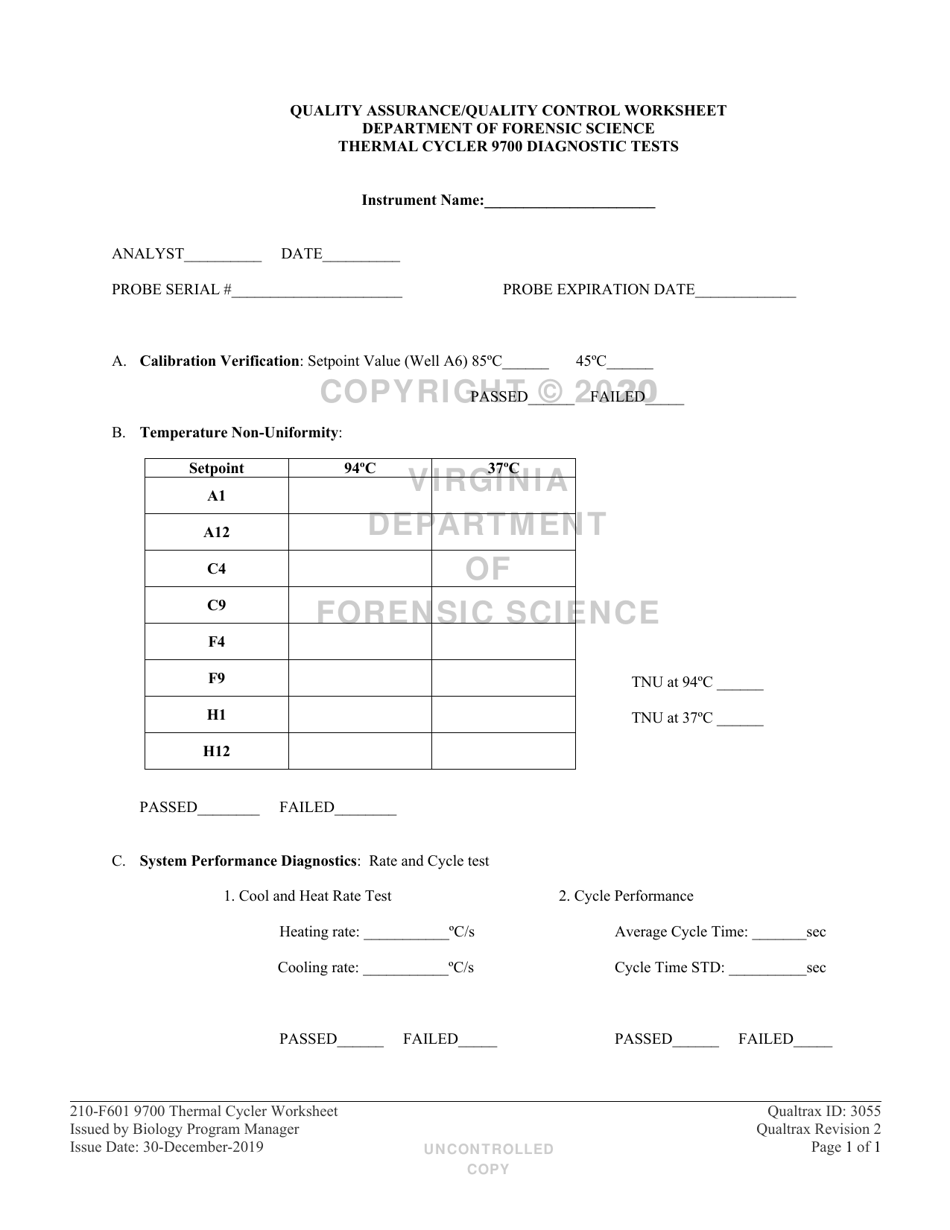 DFS Form 210-F601 9700 Thermal Cycler Worksheet - Virginia, Page 1