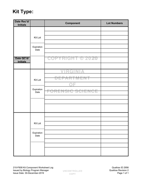 DFS Form 210-F608 Kit Component Worksheet Log - Virginia