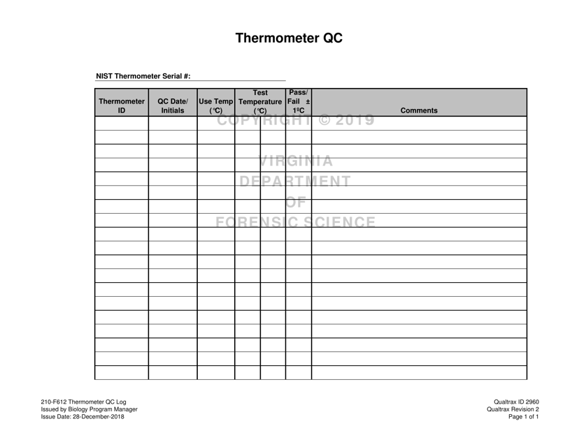 DFS Form 210-F612 Thermometer Qc Log - Virginia