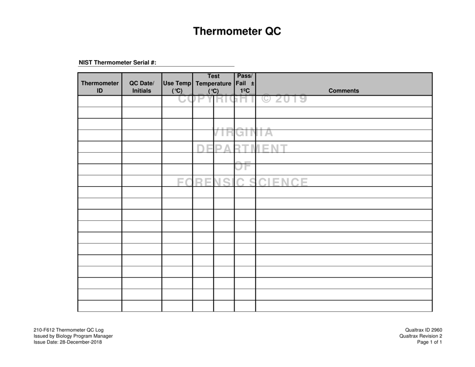 DFS Form 210-F612 Thermometer Qc Log - Virginia, Page 1