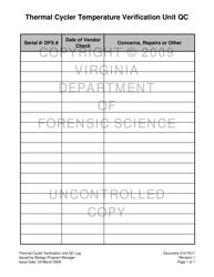 Document preview: DFS Form 210-F611 Thermal Cycler Verification Unit Qc Log - Virginia
