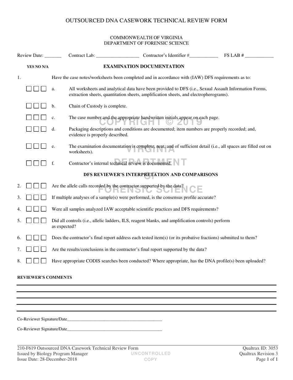 DFS Form 210-F619 Outsourced Dna Casework Technical Review Form - Virginia, Page 1