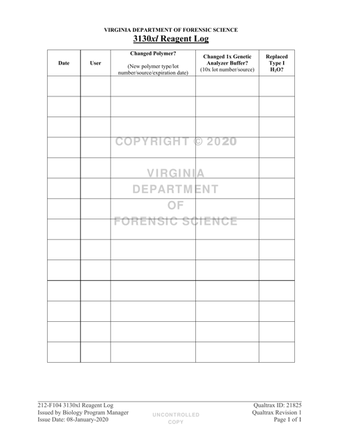 DFS Form 212-F104 3130xl Reagent Log - Virginia