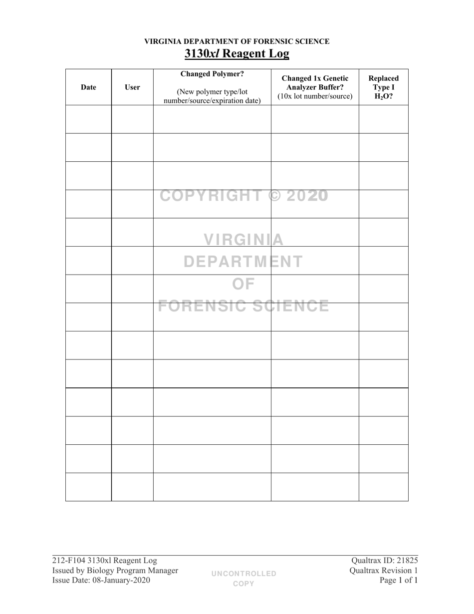 DFS Form 212-F104 3130xl Reagent Log - Virginia, Page 1