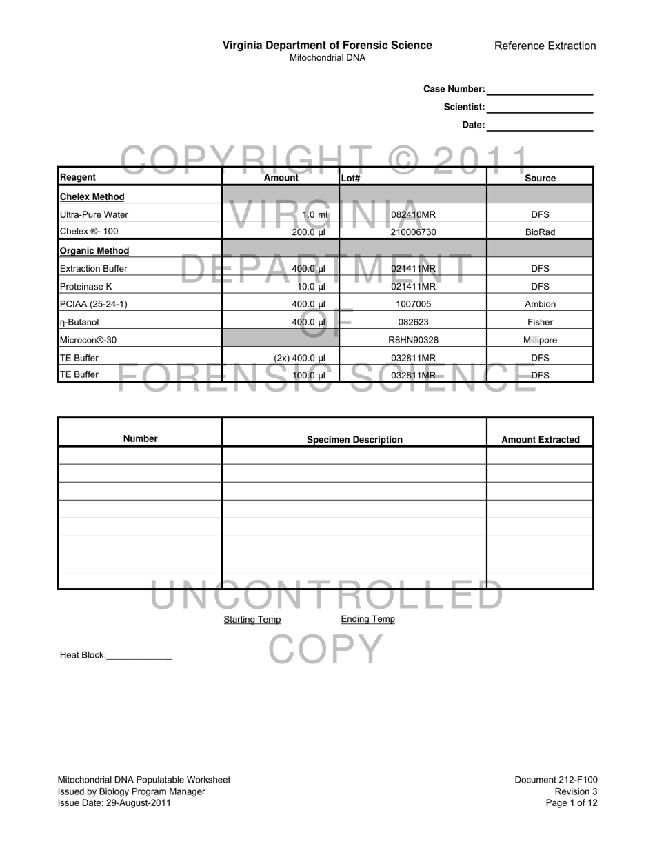 DFS Form 212-F100 Mitochondrial Dna Populatable Worksheets - Virginia, Page 1