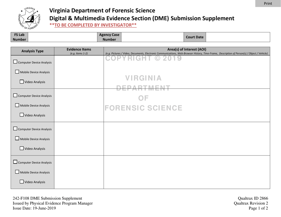 DFS Form 242-F108 Digital  Multimedia Evidence Section (Dme) Submission Supplement - Virginia, Page 1