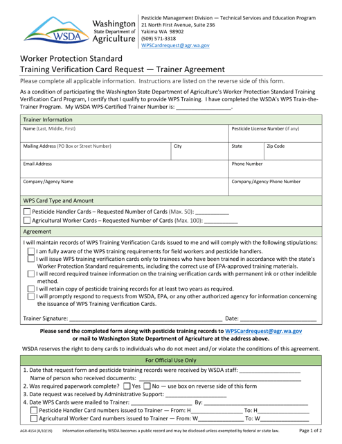 Form AGR-4154 Worker Protection Standard Training Verification Card Request - Trainer Agreement - Washington