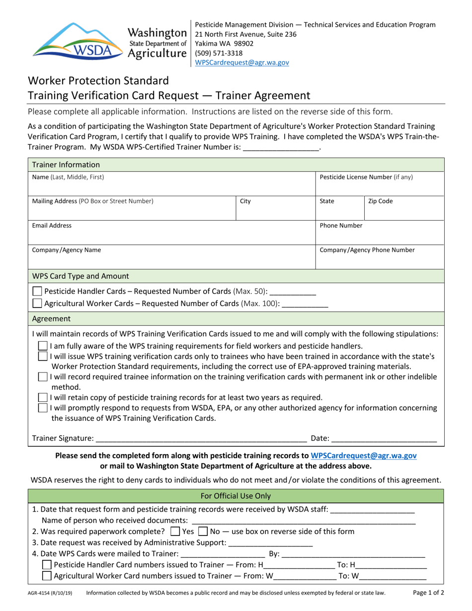 Form AGR-4154 Worker Protection Standard Training Verification Card Request - Trainer Agreement - Washington, Page 1