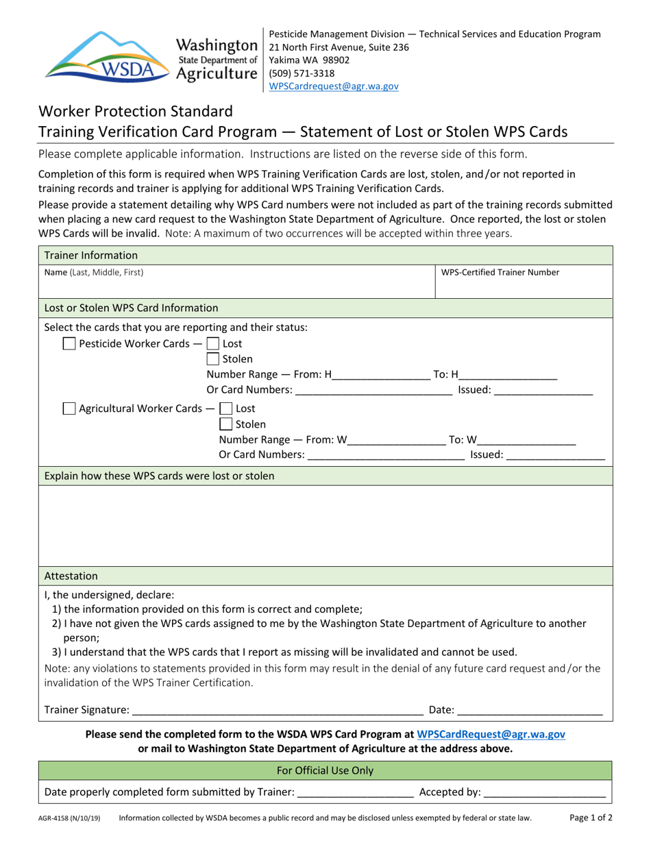 AGR Form 4158 Statement of Lost or Stolen Wps Cards - Worker Protection Standard Training Verification Card Program - Washington, Page 1