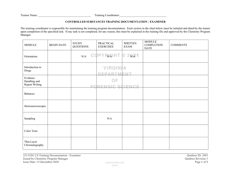 DFS Form 221-F201 Controlled Substances Training Documentation - Examiner - Virginia, Page 1