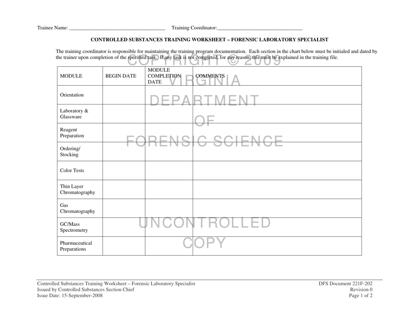 DFS Form 221F-202 Controlled Substances Training Worksheet - Forensic Laboratory Specialist - Virginia