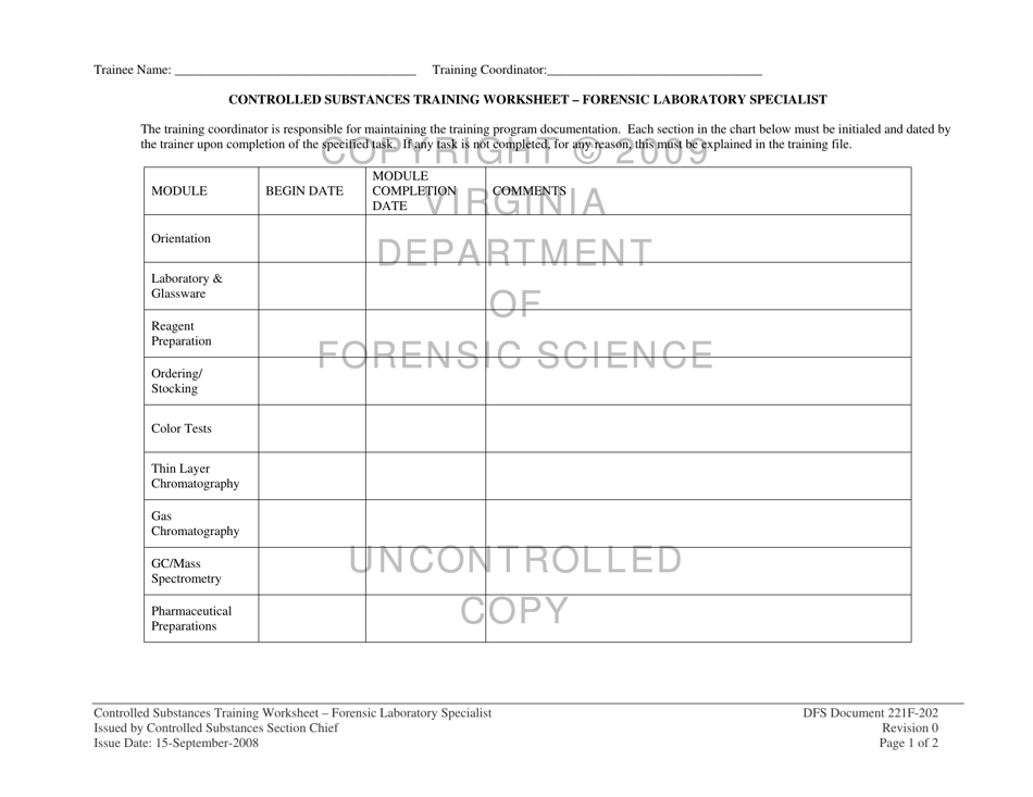 DFS Form 221F-202 Controlled Substances Training Worksheet - Forensic Laboratory Specialist - Virginia, Page 1