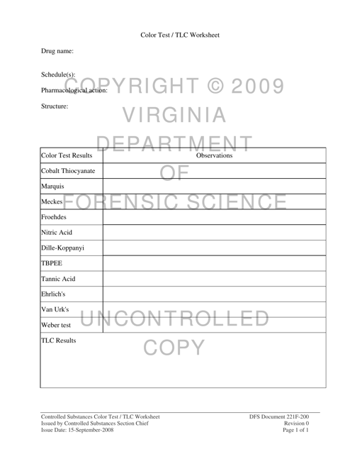 DFS Form 221F-200 Controlled Substances Color Test/Tlc Worksheet - Virginia