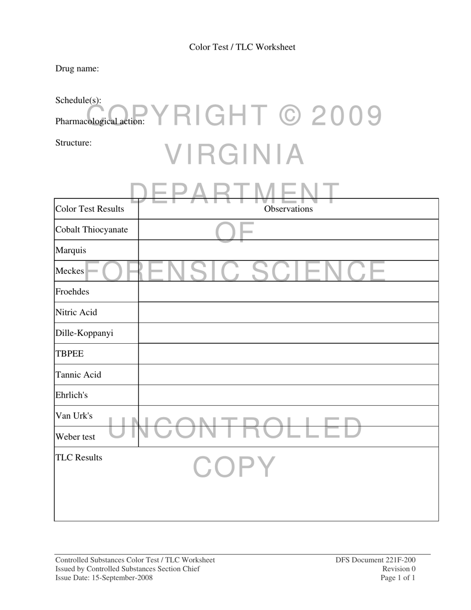DFS Form 221F-200 Controlled Substances Color Test / Tlc Worksheet - Virginia, Page 1