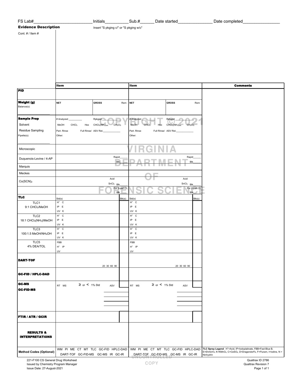 DFS Form 221-F100 Cs General Drug Worksheet - Virginia, Page 1