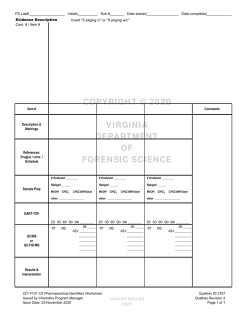 DFS Form 221-F101 Cs Pharmaceutical Identifiers Worksheet - Virginia